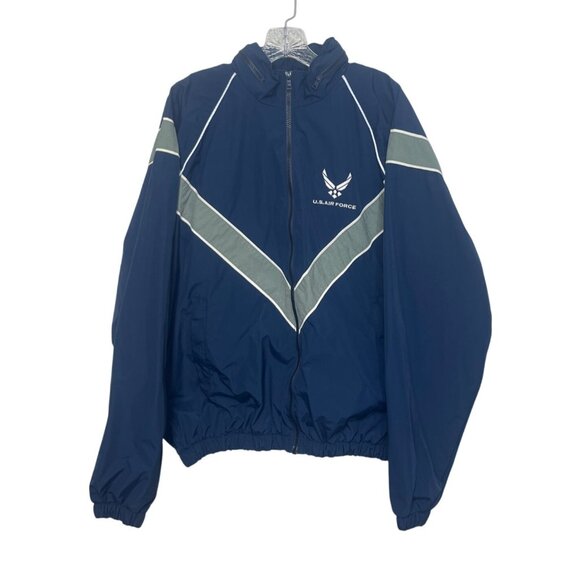 U.S. Air Force Windbreaker Jacket Mens Medium Blue Hood Reflective Stripes - Picture 1 of 9